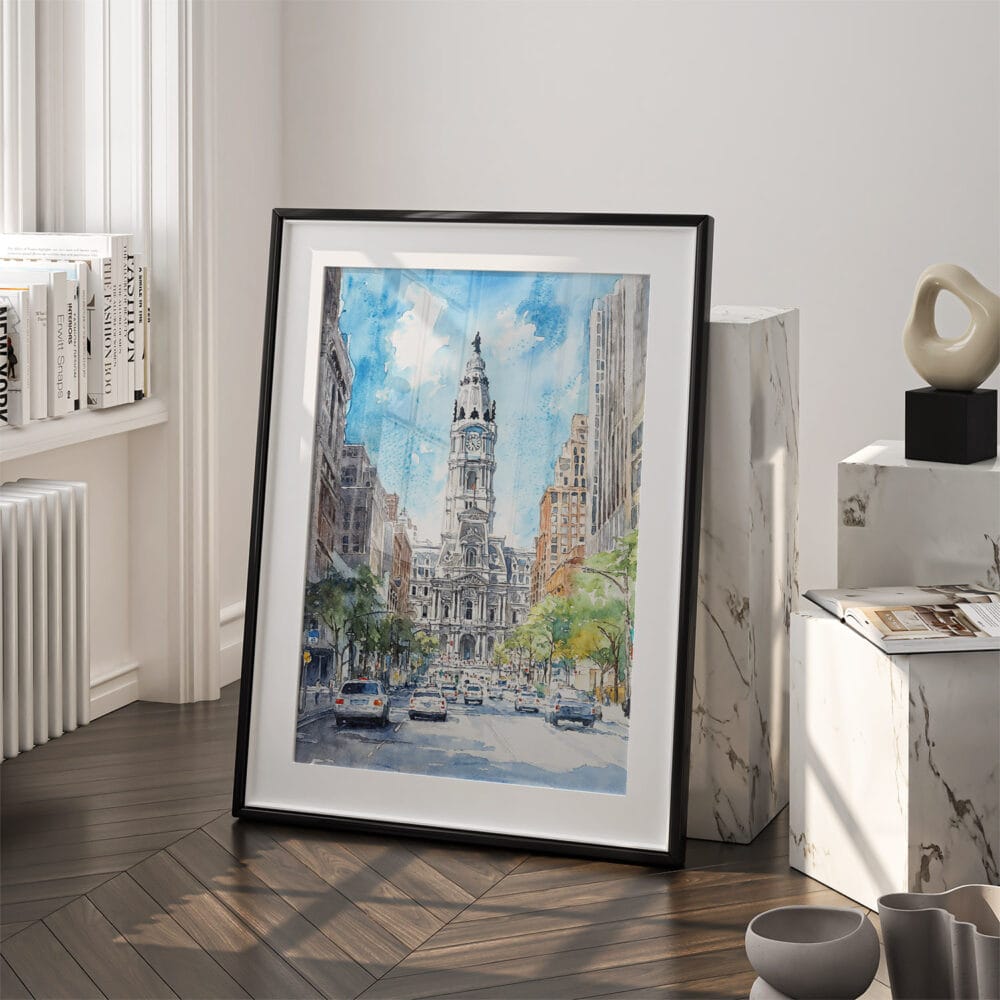 03 - Philadelphia City Hall Watercolor Art - Digital Downloads - Frame Standing on floor.jpg 03 - Philadelphia City Hall Watercolor Art - Digital Downloads - Frame Standing on floor.jpg