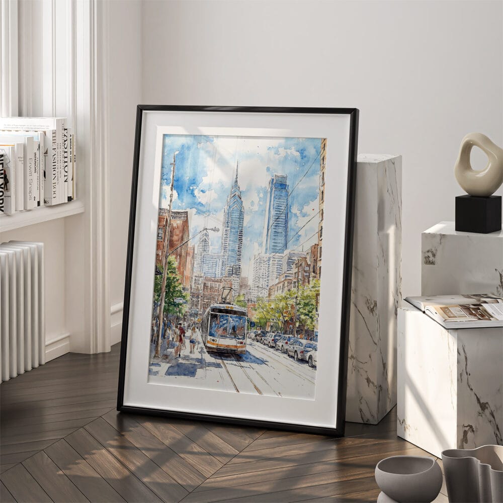03 - Philadelphia Downtown Watercolor Art - Digital Downloads - Frame Standing on floor.jpg 03 - Philadelphia Downtown Watercolor Art - Digital Downloads - Frame Standing on floor.jpg