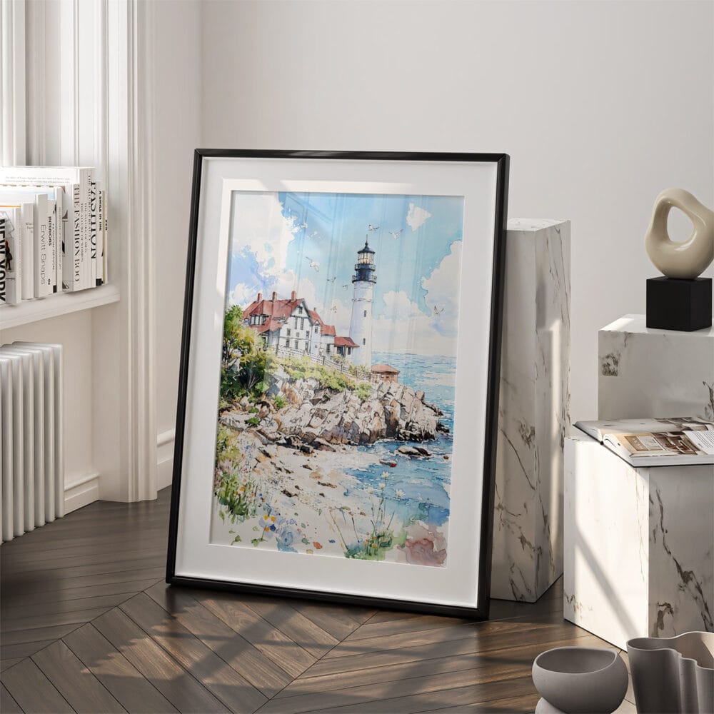 03 - Portland Maine Watercolor Art - Digital Downloads - Frame Standing on floor.jpg 03 - Portland Maine Watercolor Art - Digital Downloads - Frame Standing on floor.jpg