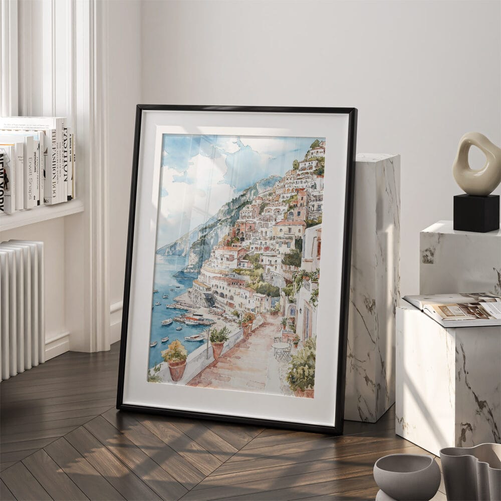 03 - Positano Watercolor Art - Digital Downloads - Frame Standing on floor.jpg 03 - Positano Watercolor Art - Digital Downloads - Frame Standing on floor.jpg