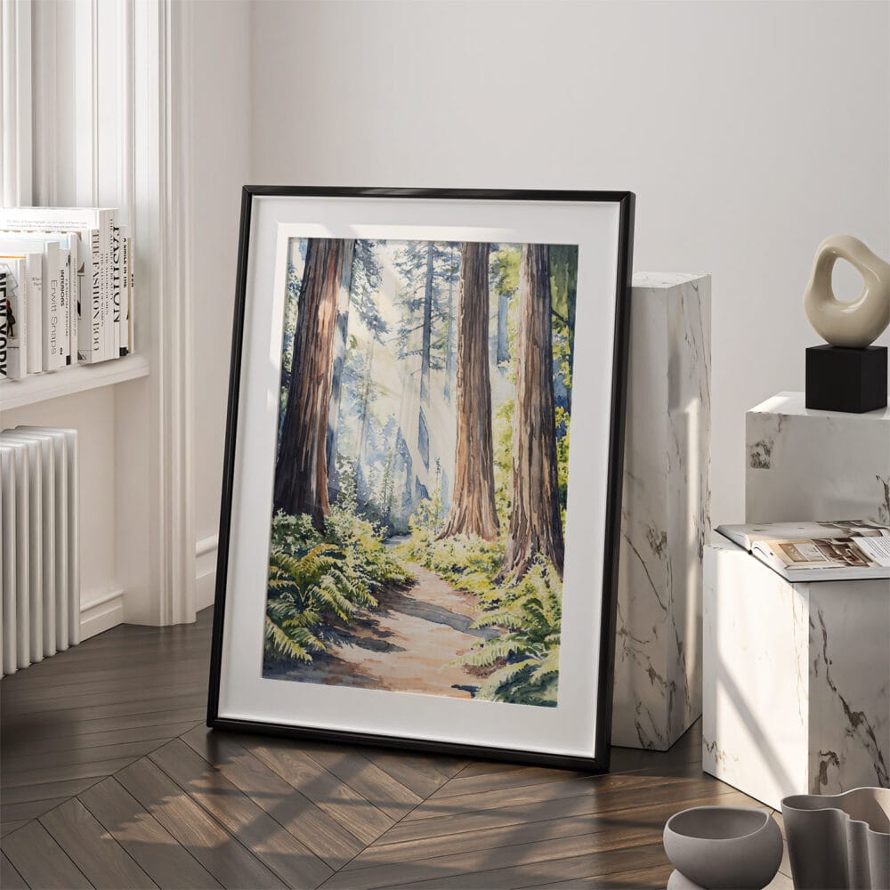 03 - Redwood Nationall Park Watercolor Art - Digital Downloads - Frame Standing on floor.jpg 03 - Redwood Nationall Park Watercolor Art - Digital Downloads - Frame Standing on floor.jpg