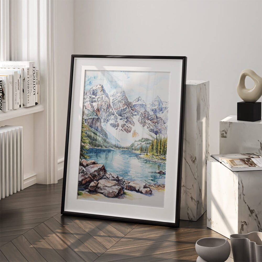 03 - Rocky Mountains Valley of the Ten Peaks Watercolor Art - Digital Downloads - Frame Standing on floor.jpg 03 - Rocky Mountains Valley of the Ten Peaks Watercolor Art - Digital Downloads - Frame Standing on floor.jpg