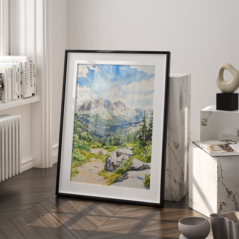 03 - Rocky Mountains Watercolor Art - Digital Downloads - Frame Standing on floor.jpg 03 - Rocky Mountains Watercolor Art - Digital Downloads - Frame Standing on floor.jpg