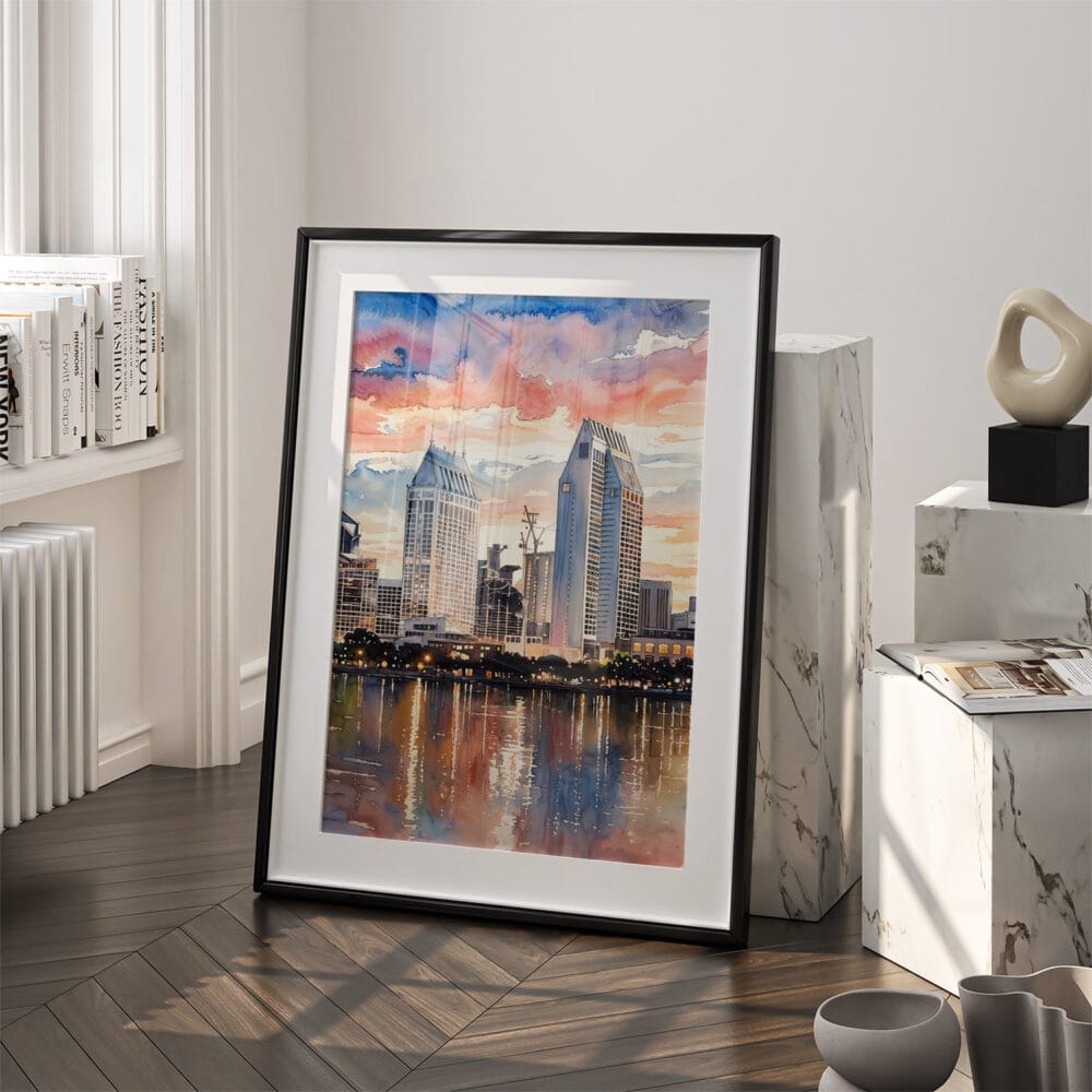 03 - San Diego Skyline Watercolor Art - Digital Downloads - Frame Standing on floor.jpg 03 - San Diego Skyline Watercolor Art - Digital Downloads - Frame Standing on floor.jpg