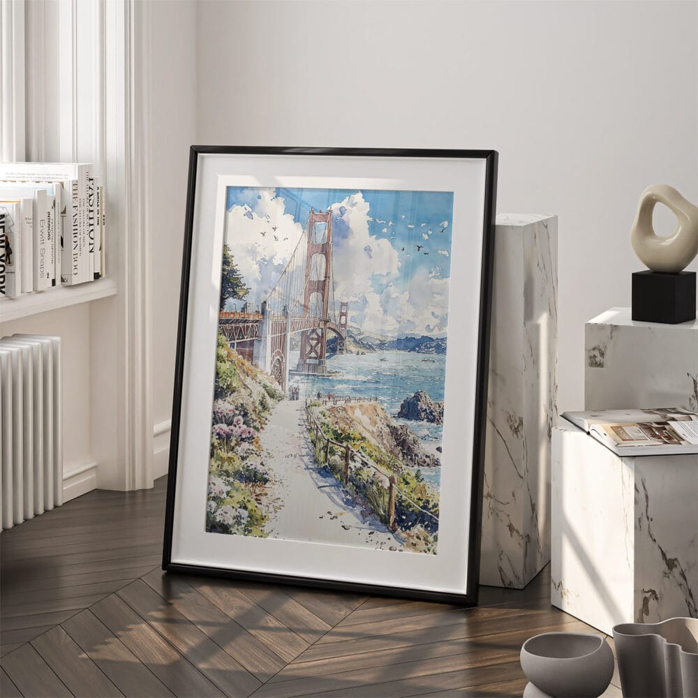 03 - San Francisco Golden Gate Bridge Watercolor Art - Digital Downloads - Frame Standing on floor.jpg 03 - San Francisco Golden Gate Bridge Watercolor Art - Digital Downloads - Frame Standing on floor.jpg