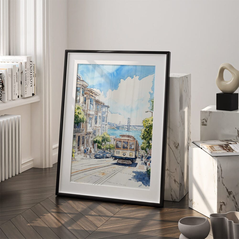 03 - San Francisco Tram Watercolor Art - Digital Downloads - Frame Standing on floor.jpg 03 - San Francisco Tram Watercolor Art - Digital Downloads - Frame Standing on floor.jpg