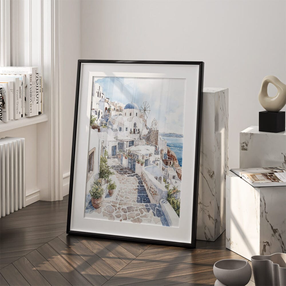 03 - Santorini Blue Dome Watercolor Art - Digital Downloads - Frame Standing on floor.jpg 03 - Santorini Blue Dome Watercolor Art - Digital Downloads - Frame Standing on floor.jpg