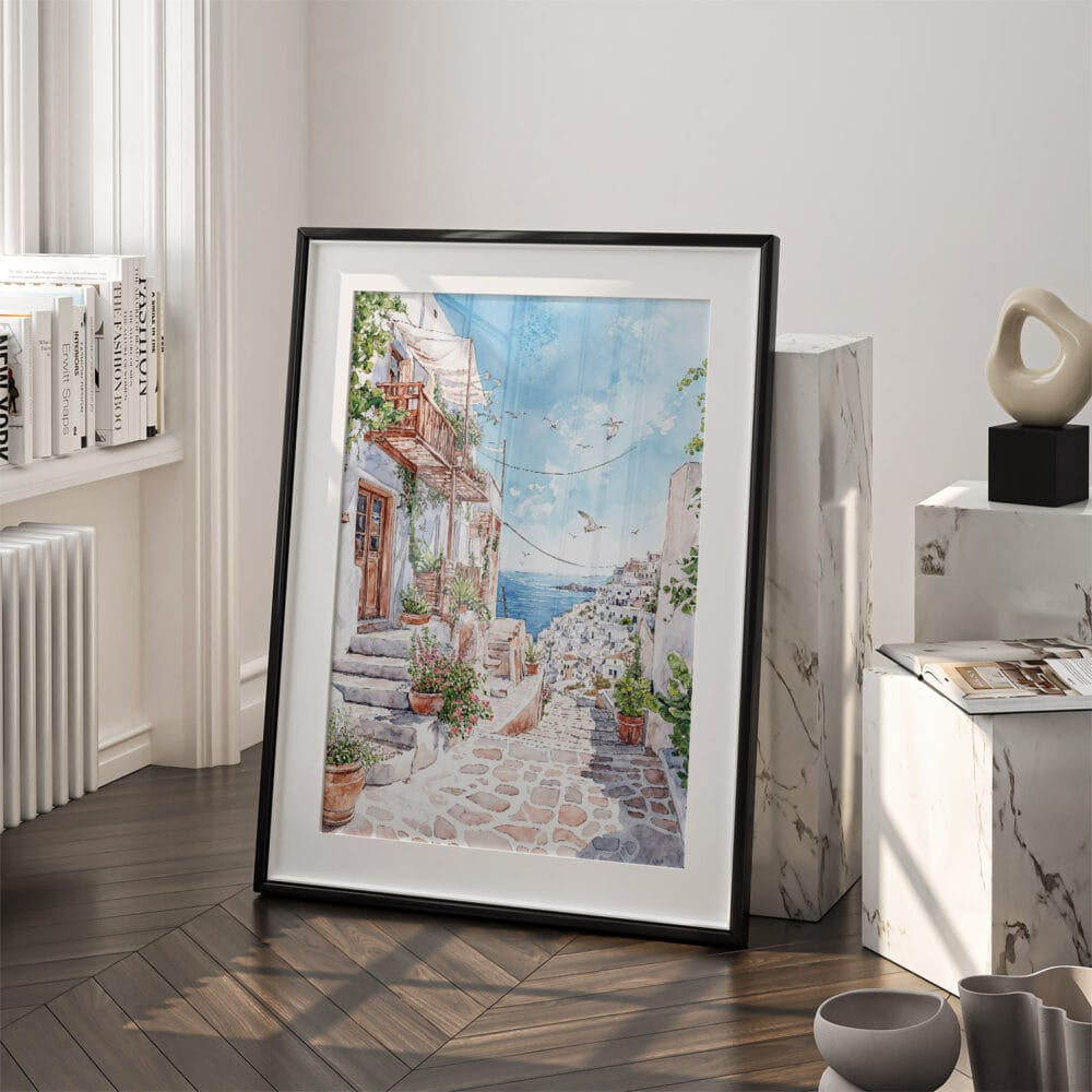 03 - Santorini Watercolor Art - Digital Downloads - Frame Standing on floor.jpg 03 - Santorini Watercolor Art - Digital Downloads - Frame Standing on floor.jpg