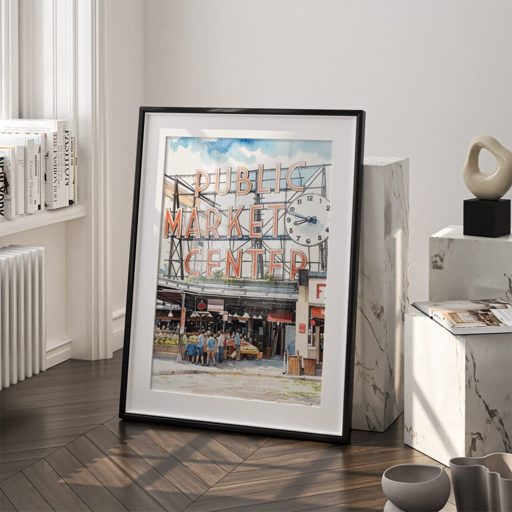 03 - Seattle Pike Place Watercolor Art - Digital Downloads - Frame Standing on floor.jpg 03 - Seattle Pike Place Watercolor Art - Digital Downloads - Frame Standing on floor.jpg