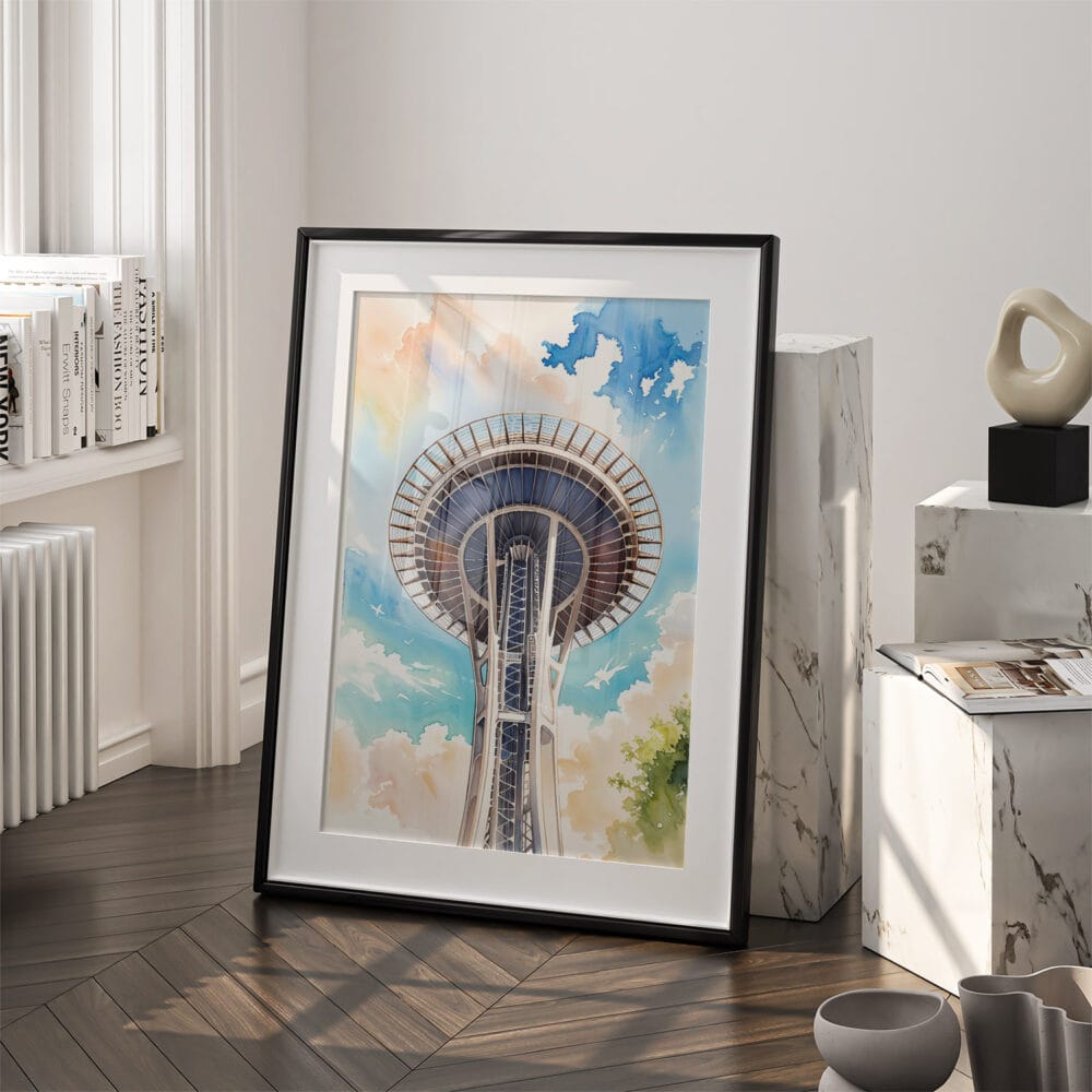 03 - Seattle Space Needle Closeup Watercolor Art - Digital Downloads - Frame Standing on floor.jpg 03 - Seattle Space Needle Closeup Watercolor Art - Digital Downloads - Frame Standing on floor.jpg