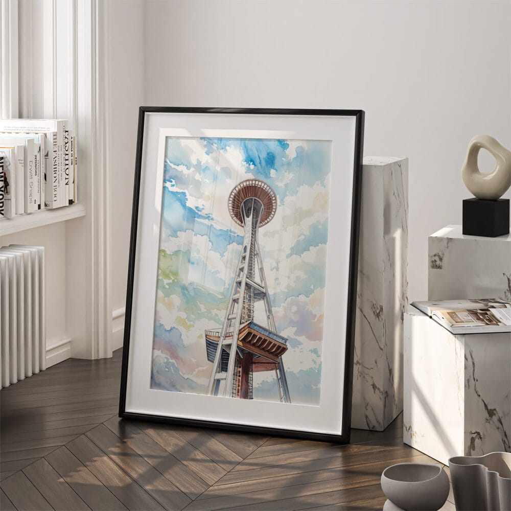 03 - Seattle Space Needle Watercolor Art - Digital Downloads - Frame Standing on floor.jpg 03 - Seattle Space Needle Watercolor Art - Digital Downloads - Frame Standing on floor.jpg