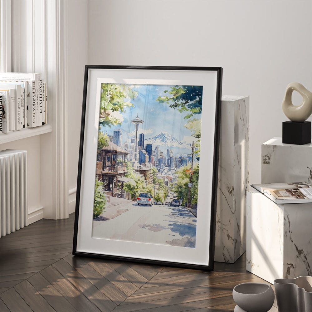 03 - Seattle Watercolor Art - Digital Downloads - Frame Standing on floor.jpg 03 - Seattle Watercolor Art - Digital Downloads - Frame Standing on floor.jpg