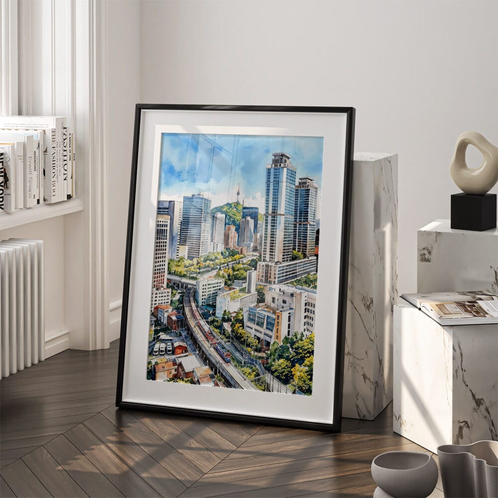 03 - Seoul Skyline Watercolor Art - Digital Downloads - Frame Standing on floor.jpg 03 - Seoul Skyline Watercolor Art - Digital Downloads - Frame Standing on floor.jpg
