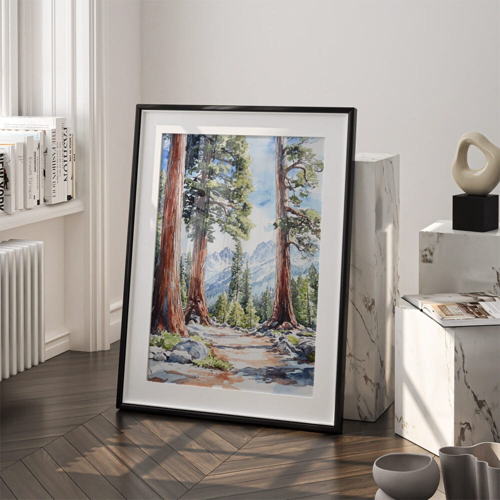 03 - Sequoia California Watercolor Art - Digital Downloads - Frame Standing on floor.jpg 03 - Sequoia California Watercolor Art - Digital Downloads - Frame Standing on floor.jpg