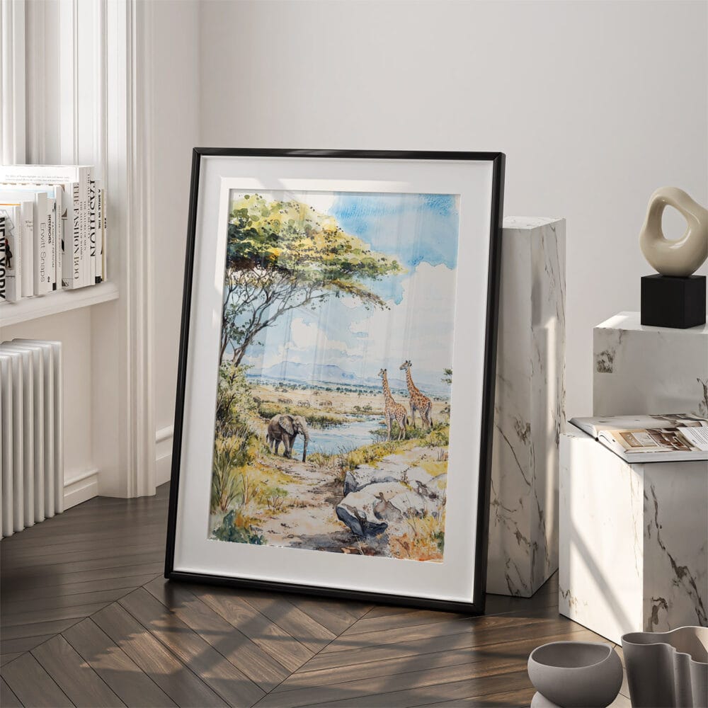 03 - Serengeti Watercolor Art - Digital Downloads - Frame Standing on floor.jpg 03 - Serengeti Watercolor Art - Digital Downloads - Frame Standing on floor.jpg