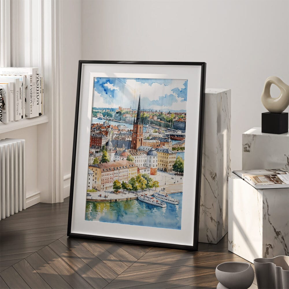 03 - Stockholm Skyline Watercolor Art - Digital Downloads - Frame Standing on floor.jpg 03 - Stockholm Skyline Watercolor Art - Digital Downloads - Frame Standing on floor.jpg
