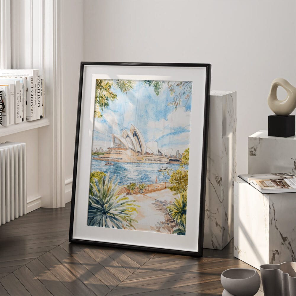 03 - Sydney Australia Opera House Watercolor Art - Digital Downloads - Frame Standing on floor.jpg 03 - Sydney Australia Opera House Watercolor Art - Digital Downloads - Frame Standing on floor.jpg