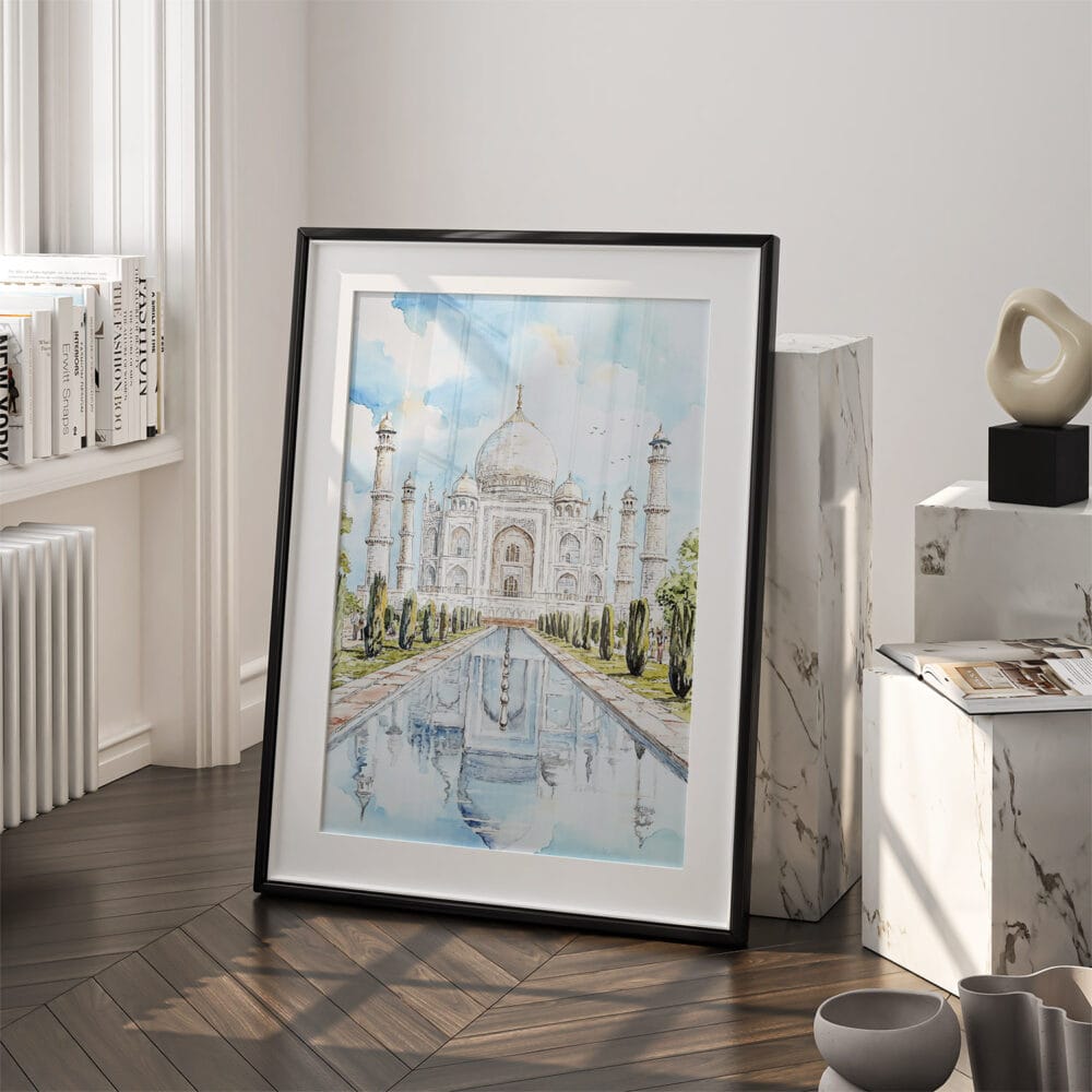 03 - Taj Mahal Watercolor Art - Digital Downloads - Frame Standing on floor.jpg 03 - Taj Mahal Watercolor Art - Digital Downloads - Frame Standing on floor.jpg