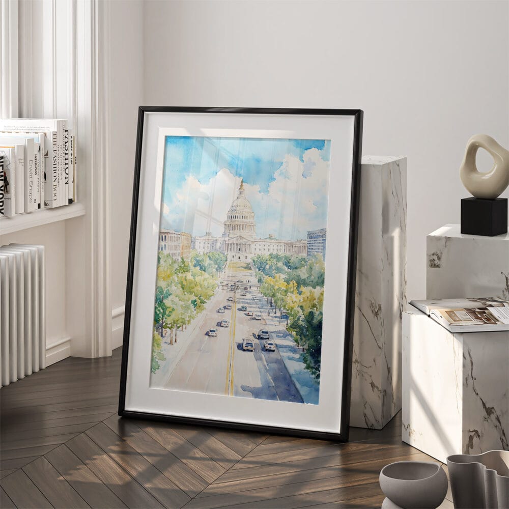 03 - Washington DC Watercolor Art - Digital Downloads - Frame Standing on floor.jpg 03 - Washington DC Watercolor Art - Digital Downloads - Frame Standing on floor.jpg