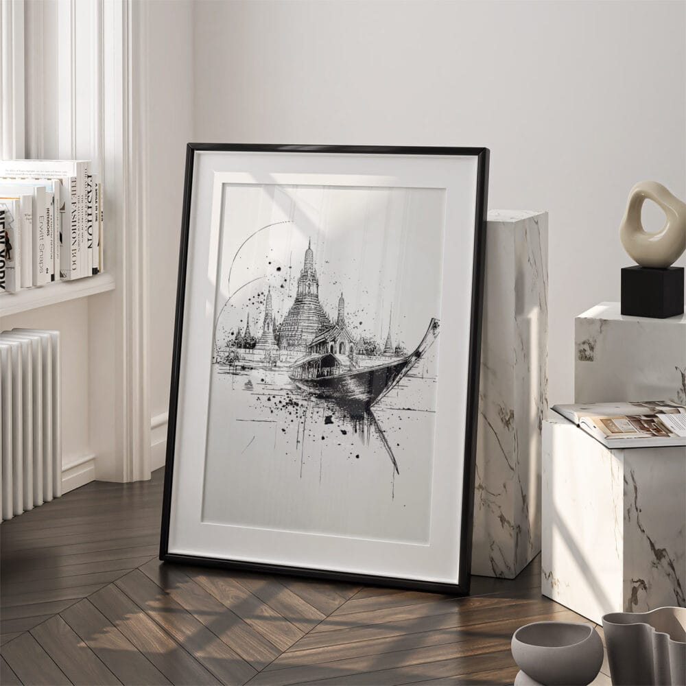 03 - Wat arun with boat Pencil Drawing Art - Digital Downloads - Frame Standing on floor.jpg 03 - Wat arun with boat Pencil Drawing Art - Digital Downloads - Frame Standing on floor.jpg