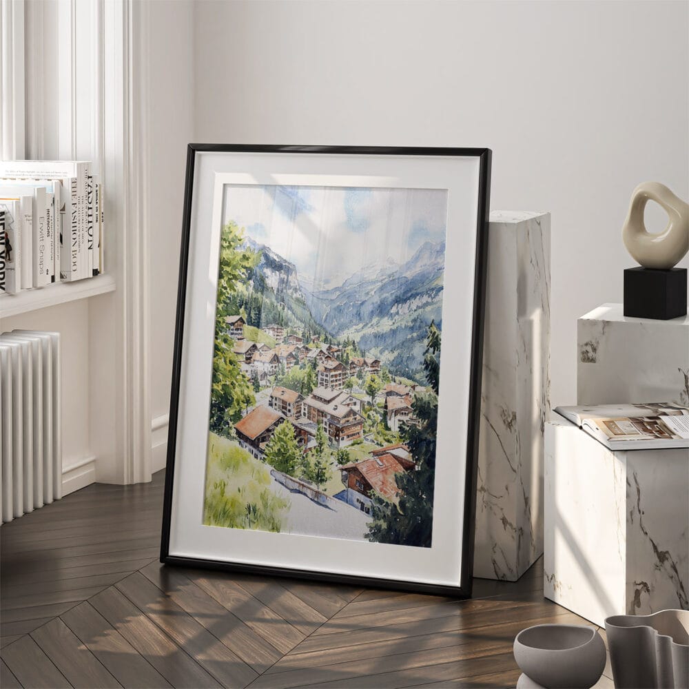 03 - Wengen Switzerland Watercolor Art - Digital Downloads - Frame Standing on floor.jpg 03 - Wengen Switzerland Watercolor Art - Digital Downloads - Frame Standing on floor.jpg
