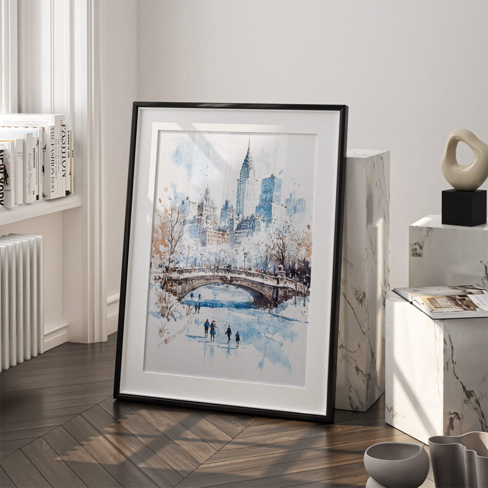 03 - White Christmas Central Park New York Watercolor Art - Digital Downloads - Frame Standing on floor.jpg 03 - White Christmas Central Park New York Watercolor Art - Digital Downloads - Frame Standing on floor.jpg