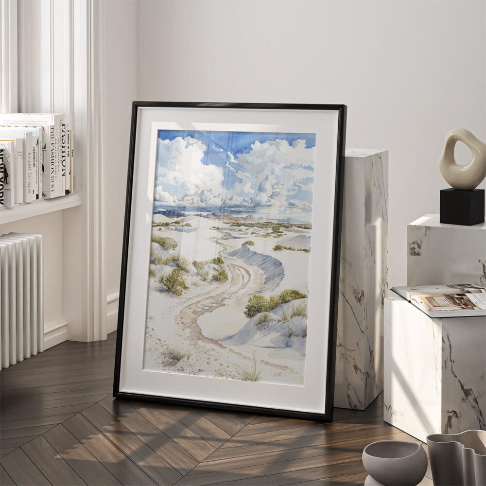 03 - White Sands National Park Watercolor Art - Digital Downloads - Frame Standing on floor.jpg 03 - White Sands National Park Watercolor Art - Digital Downloads - Frame Standing on floor.jpg