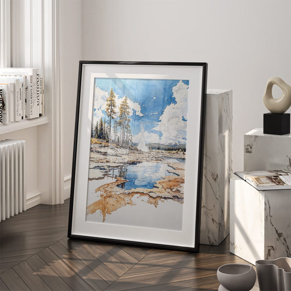 03 - Yellostone Geyser Watercolor Art - Digital Downloads - Frame Standing on floor.jpg 03 - Yellostone Geyser Watercolor Art - Digital Downloads - Frame Standing on floor.jpg