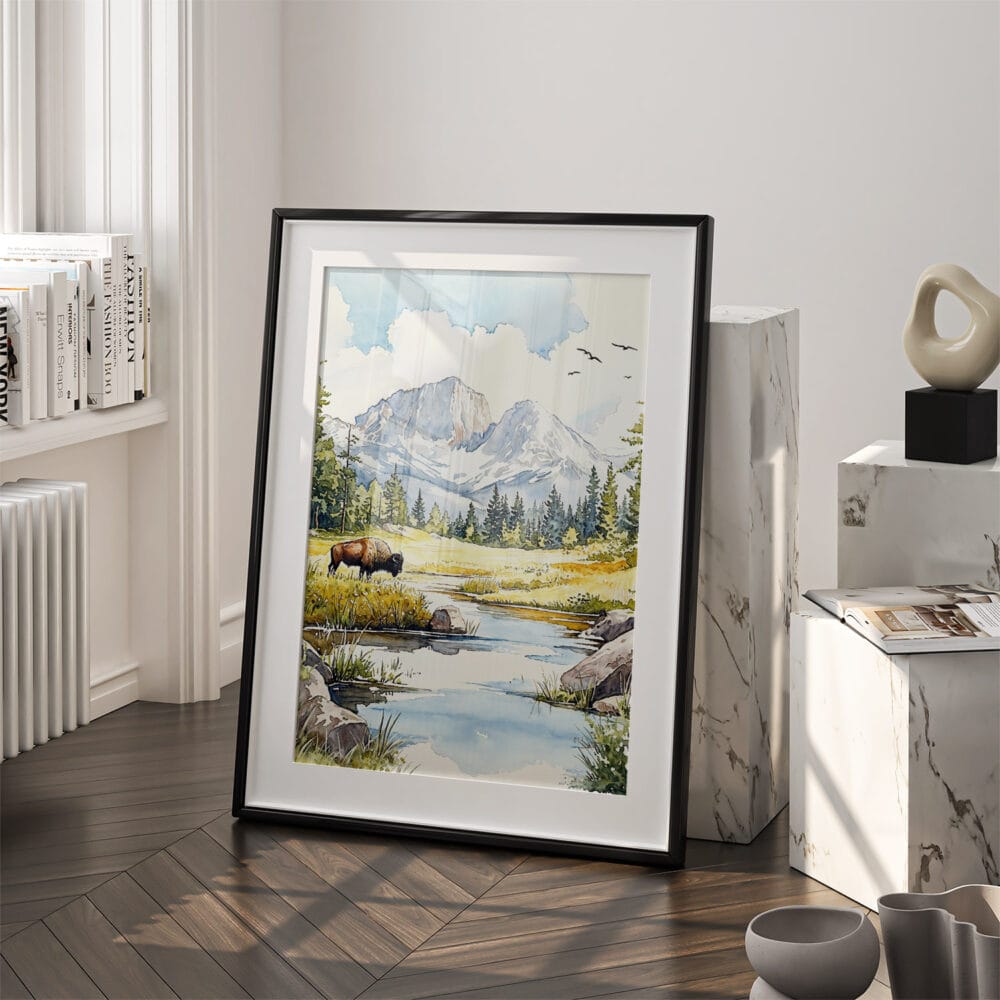 03 - Yellowstone Bison Watercolor Art - Digital Downloads - Frame Standing on floor.jpg 03 - Yellowstone Bison Watercolor Art - Digital Downloads - Frame Standing on floor.jpg
