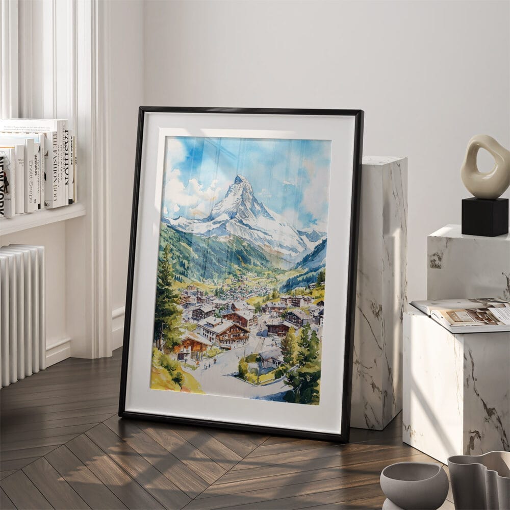 03 - Zermatt Switzerland Watercolor Art - Digital Downloads - Frame Standing on floor.jpg 03 - Zermatt Switzerland Watercolor Art - Digital Downloads - Frame Standing on floor.jpg