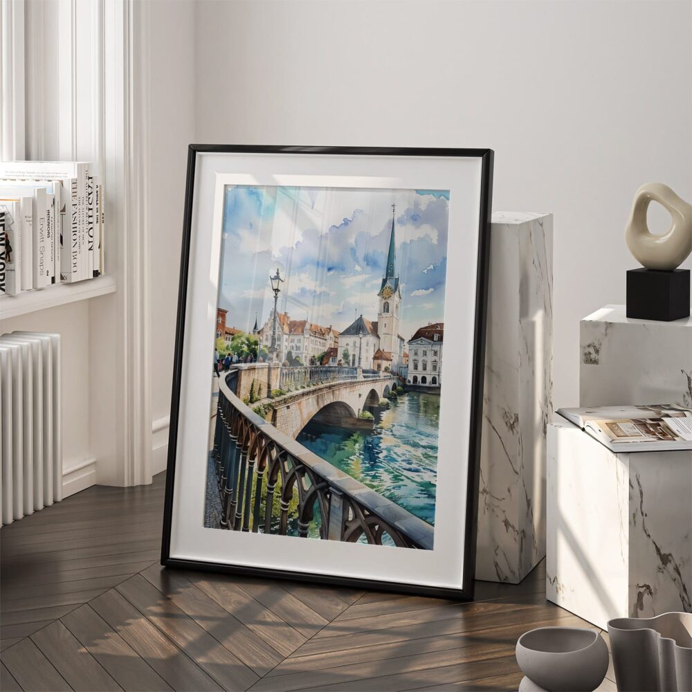 03 - Zurich Switzerland Watercolor Art - Digital Downloads - Frame Standing on floor.jpg 03 - Zurich Switzerland Watercolor Art - Digital Downloads - Frame Standing on floor.jpg