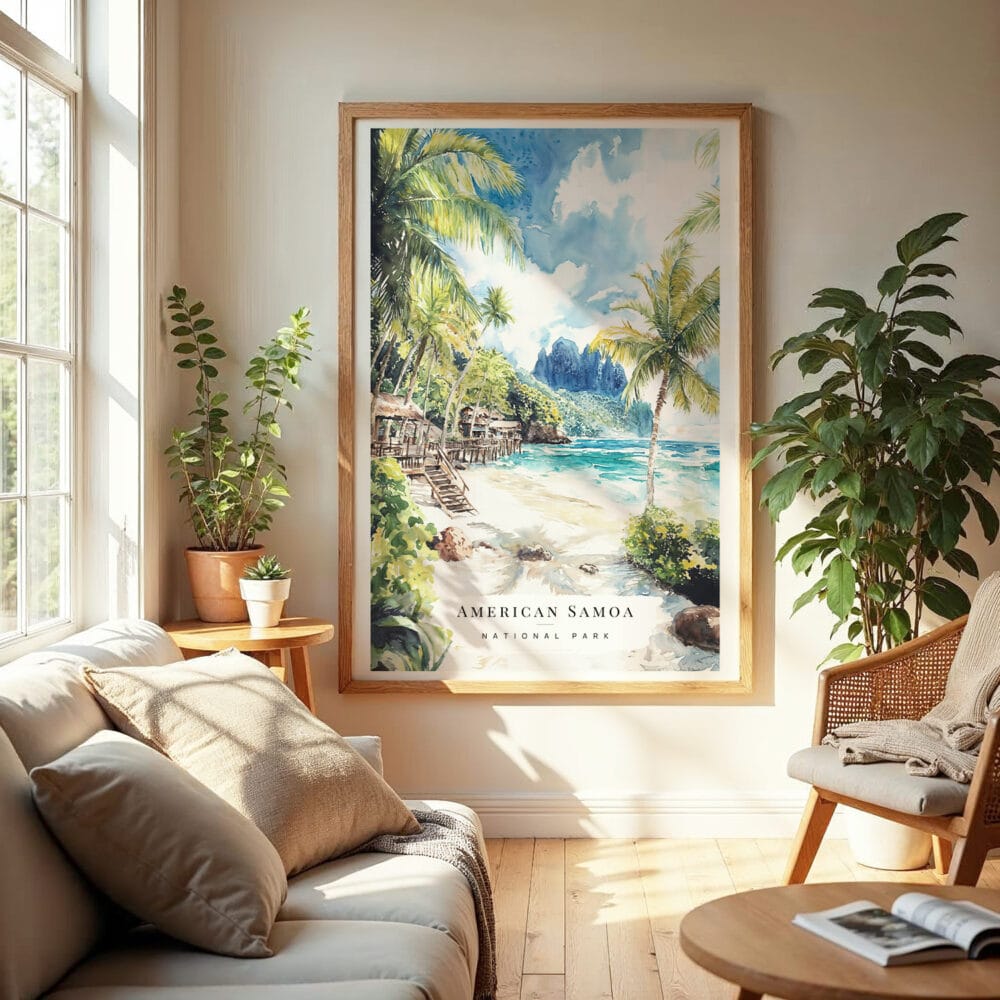 04 - American Samoa National Park Watercolor Wall Art in Boho Living Room.jpg 04 - American Samoa National Park Watercolor Wall Art in Boho Living Room.jpg