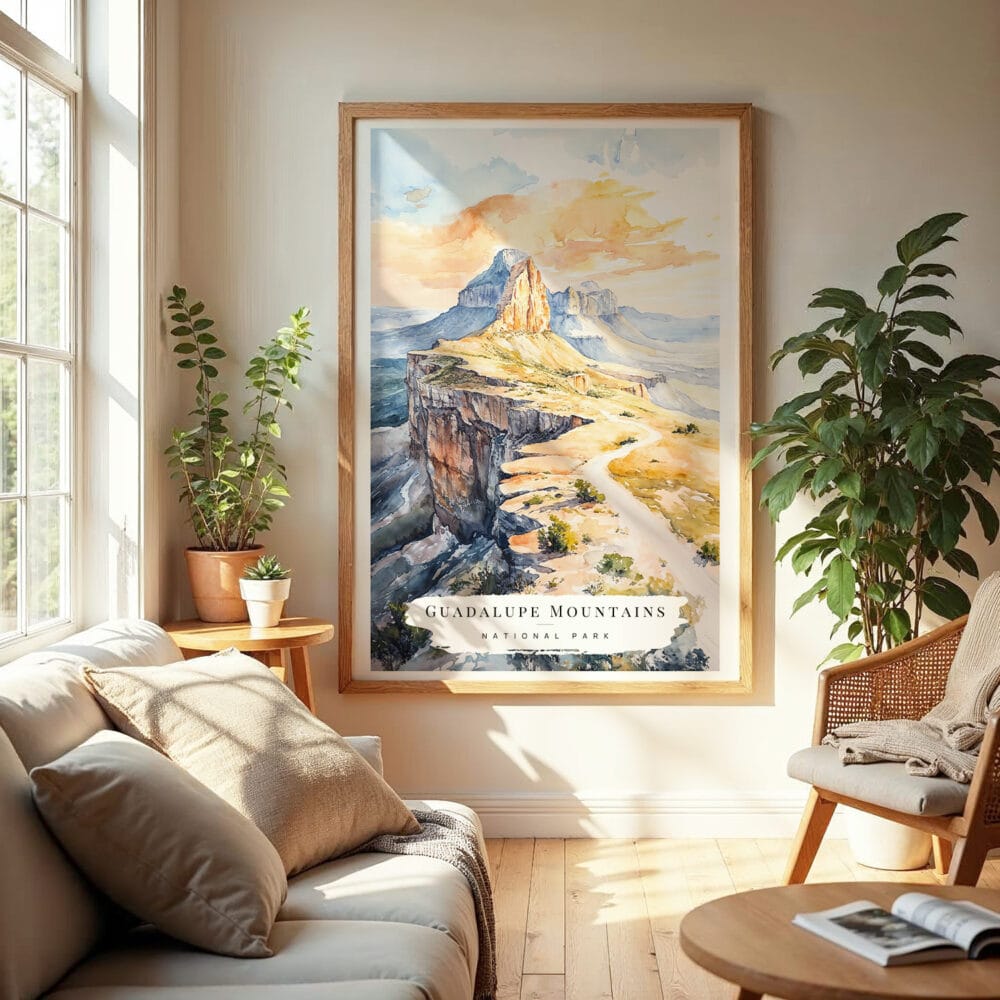 04 - Guadalupe Mountains National Park Watercolor Wall Art in Boho Living Room.jpg 04 - Guadalupe Mountains National Park Watercolor Wall Art in Boho Living Room.jpg
