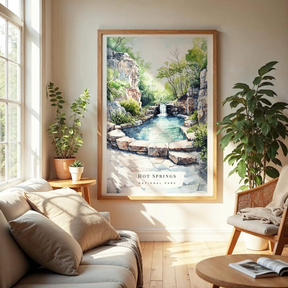 04 - Hot Springs National Park Watercolor Wall Art in Boho Living Room.jpg 04 - Hot Springs National Park Watercolor Wall Art in Boho Living Room.jpg