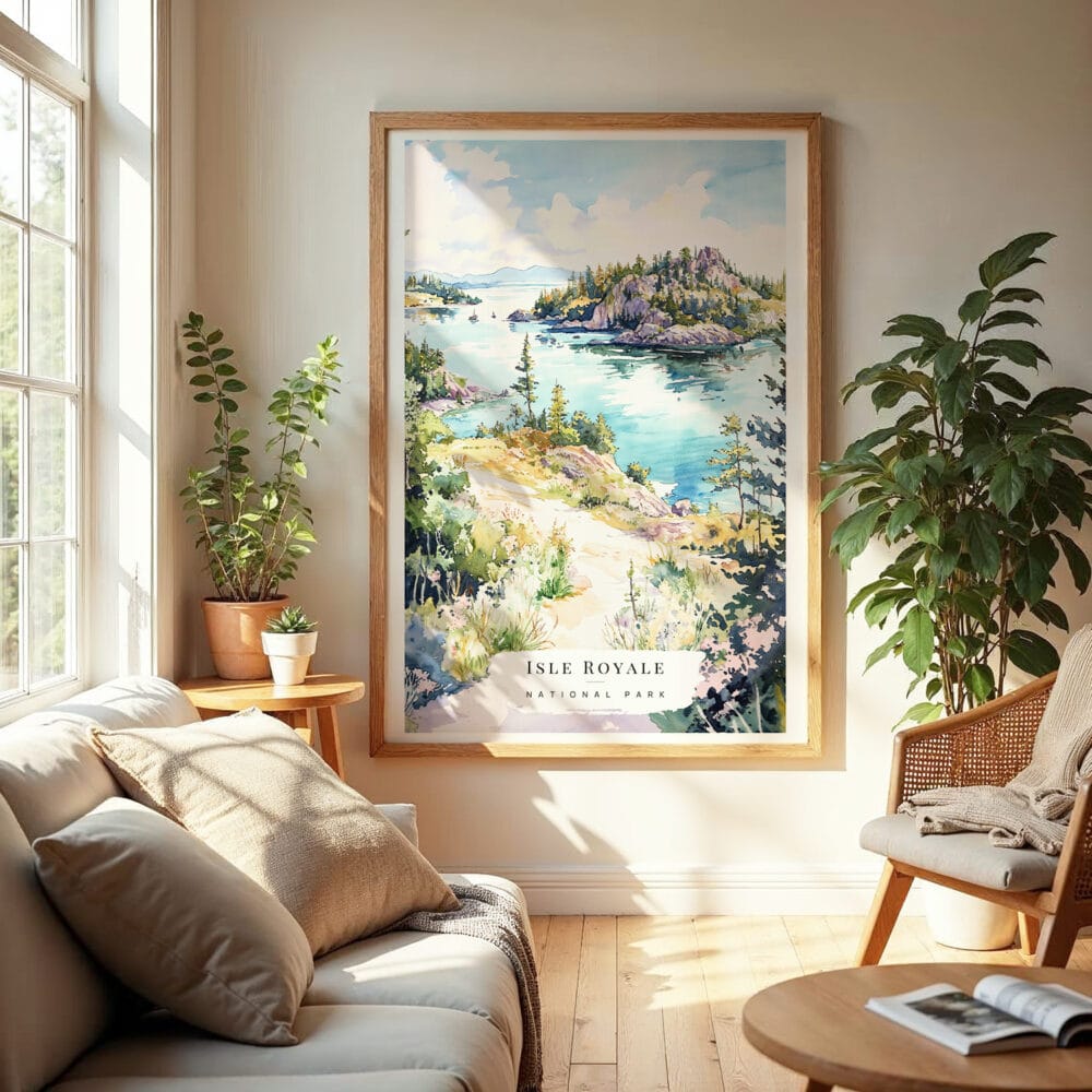 04 - Isle Royale National Park Watercolor Wall Art in Boho Living Room.jpg 04 - Isle Royale National Park Watercolor Wall Art in Boho Living Room.jpg