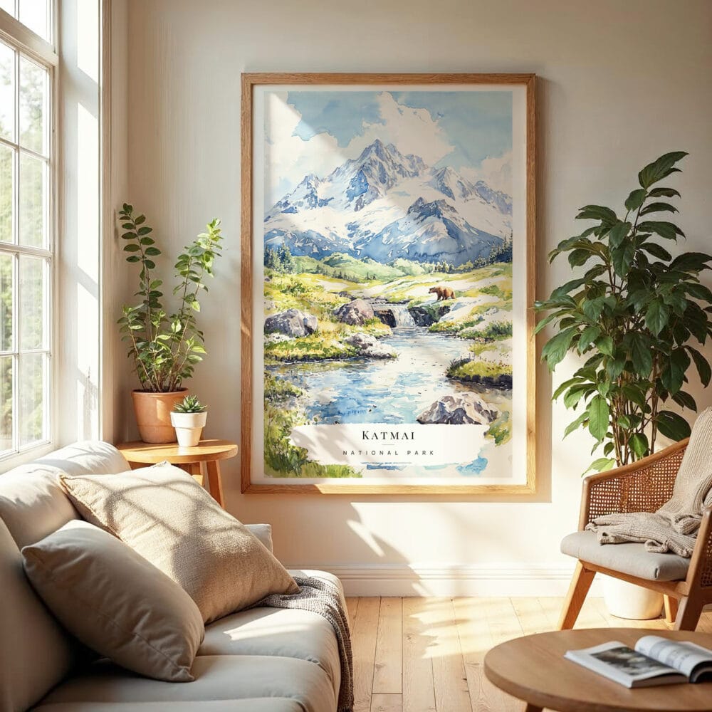 04 - Katmai National Park Watercolor Wall Art in Boho Living Room.jpg 04 - Katmai National Park Watercolor Wall Art in Boho Living Room.jpg