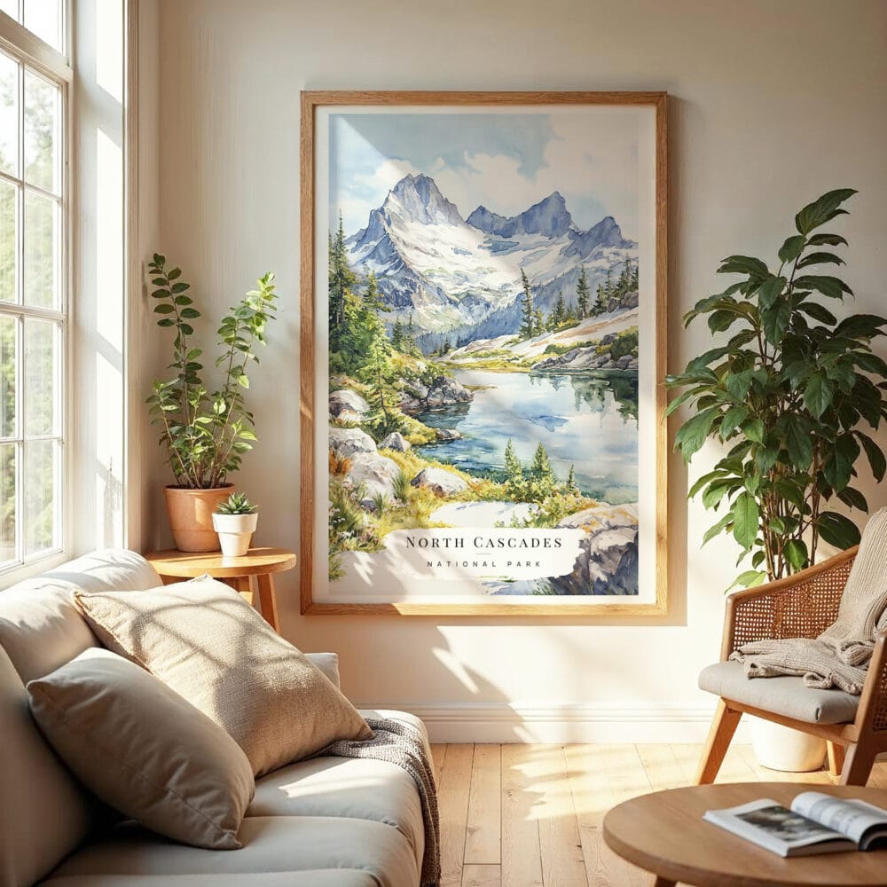 04 - North Cascades National Park Watercolor Wall Art in Boho Living Room.jpg 04 - North Cascades National Park Watercolor Wall Art in Boho Living Room.jpg