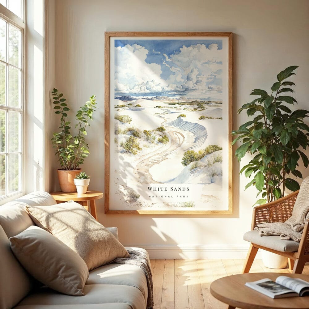 04 - White Sands National Park Watercolor Wall Art in Boho Living Room.jpg 04 - White Sands National Park Watercolor Wall Art in Boho Living Room.jpg