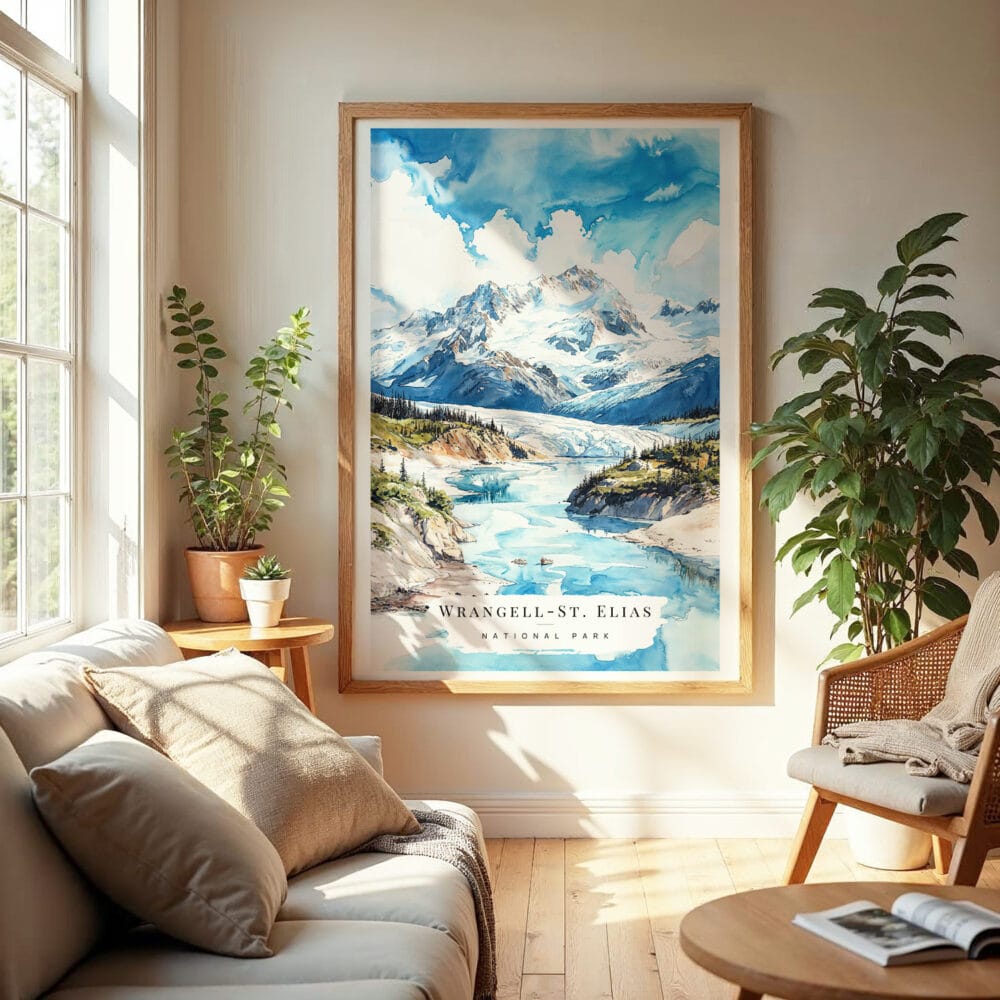 04 - Wrangell-St. Elias National Park Watercolor Wall Art in Boho Living Room.jpg 04 - Wrangell-St. Elias National Park Watercolor Wall Art in Boho Living Room.jpg