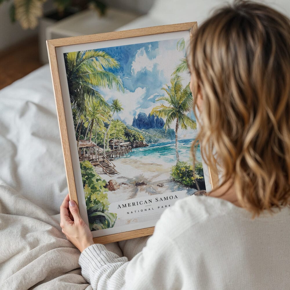 05 - Woman Holding Framed American Samoa National Park Watercolor Wall Art - Portrait.jpg 05 - Woman Holding Framed American Samoa National Park Watercolor Wall Art - Portrait.jpg