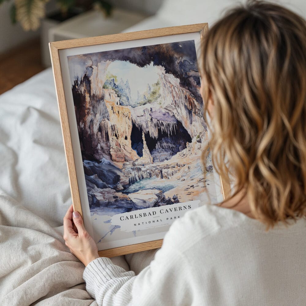 05 - Woman Holding Framed Carlsbad Caverns National Park Watercolor Wall Art - Portrait.jpg 05 - Woman Holding Framed Carlsbad Caverns National Park Watercolor Wall Art - Portrait.jpg