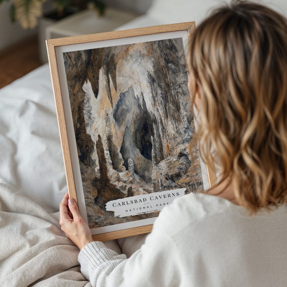 05 - Woman Holding Framed Carlsbad Caverns Watercolor Wall Art - Portrait.jpg 05 - Woman Holding Framed Carlsbad Caverns Watercolor Wall Art - Portrait.jpg
