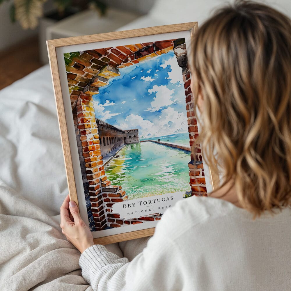 05 - Woman Holding Framed Dry Tortugas National Park Watercolor Wall Art - Portrait.jpg 05 - Woman Holding Framed Dry Tortugas National Park Watercolor Wall Art - Portrait.jpg
