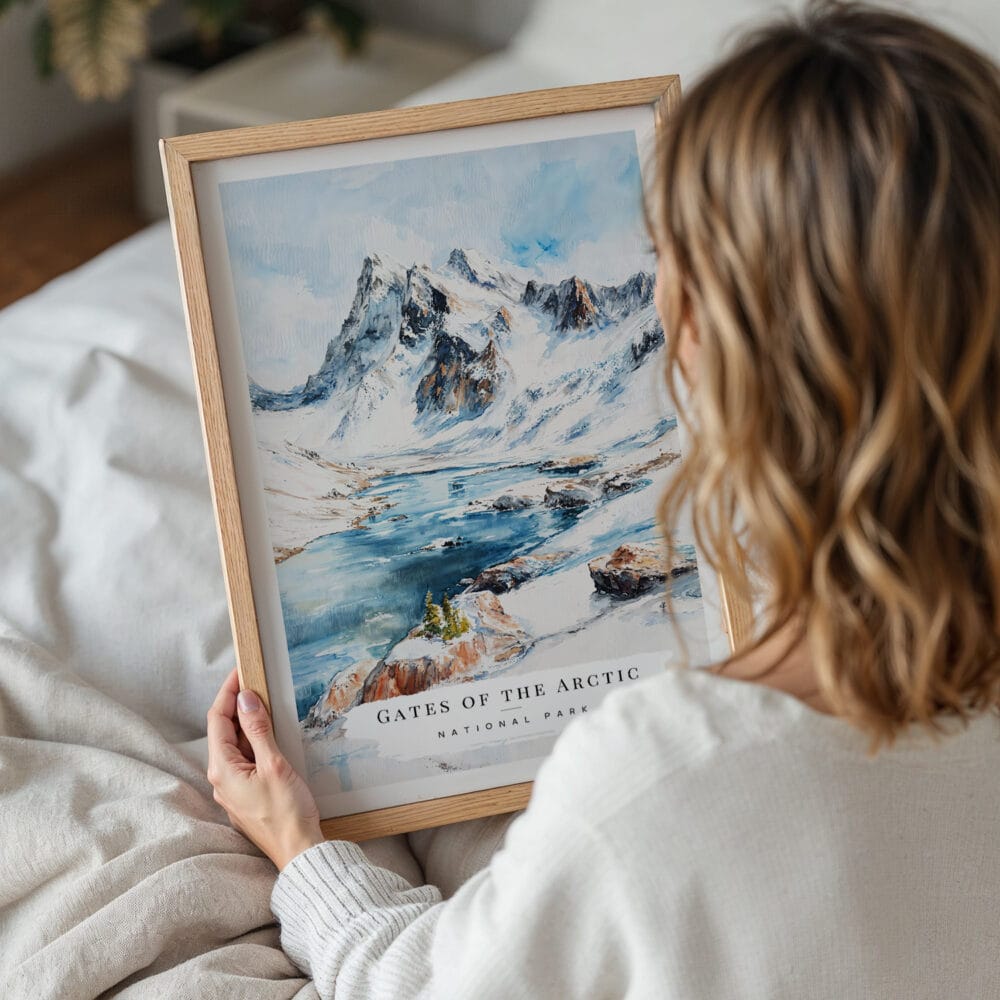 05 - Woman Holding Framed Gates of the Arctic National Park Watercolor Wall Art - Portrait.jpg 05 - Woman Holding Framed Gates of the Arctic National Park Watercolor Wall Art - Portrait.jpg