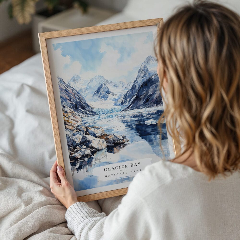 05 - Woman Holding Framed Glacier Bay National Park Watercolor Wall Art - Portrait.jpg 05 - Woman Holding Framed Glacier Bay National Park Watercolor Wall Art - Portrait.jpg