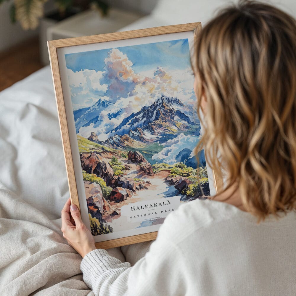 05 - Woman Holding Framed Haleakalā National Park Watercolor Wall Art - Portrait.jpg 05 - Woman Holding Framed Haleakalā National Park Watercolor Wall Art - Portrait.jpg