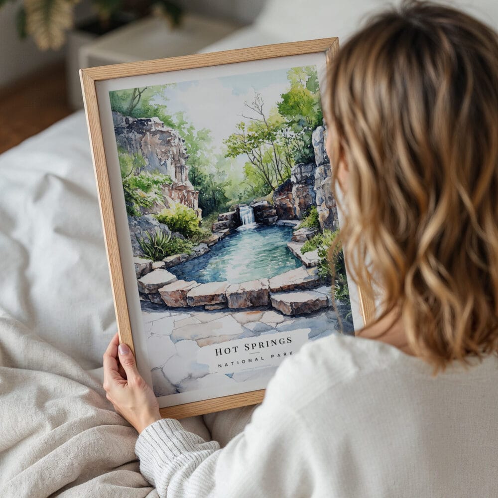 05 - Woman Holding Framed Hot Springs National Park Watercolor Wall Art - Portrait.jpg 05 - Woman Holding Framed Hot Springs National Park Watercolor Wall Art - Portrait.jpg