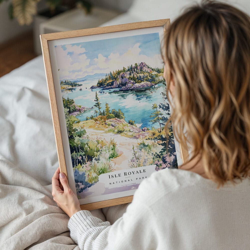 05 - Woman Holding Framed Isle Royale National Park Watercolor Wall Art - Portrait.jpg 05 - Woman Holding Framed Isle Royale National Park Watercolor Wall Art - Portrait.jpg