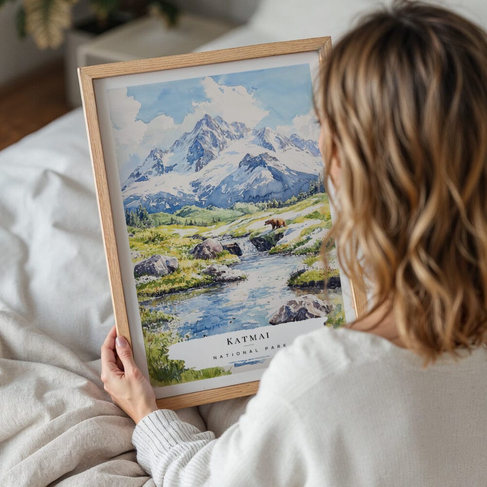 05 - Woman Holding Framed Katmai National Park Watercolor Wall Art - Portrait.jpg 05 - Woman Holding Framed Katmai National Park Watercolor Wall Art - Portrait.jpg