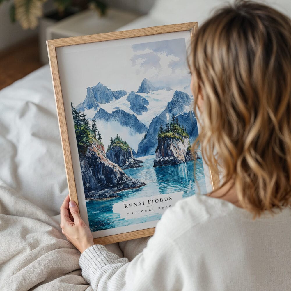 05 - Woman Holding Framed Kenai Fjords National Park Watercolor Wall Art - Portrait.jpg 05 - Woman Holding Framed Kenai Fjords National Park Watercolor Wall Art - Portrait.jpg